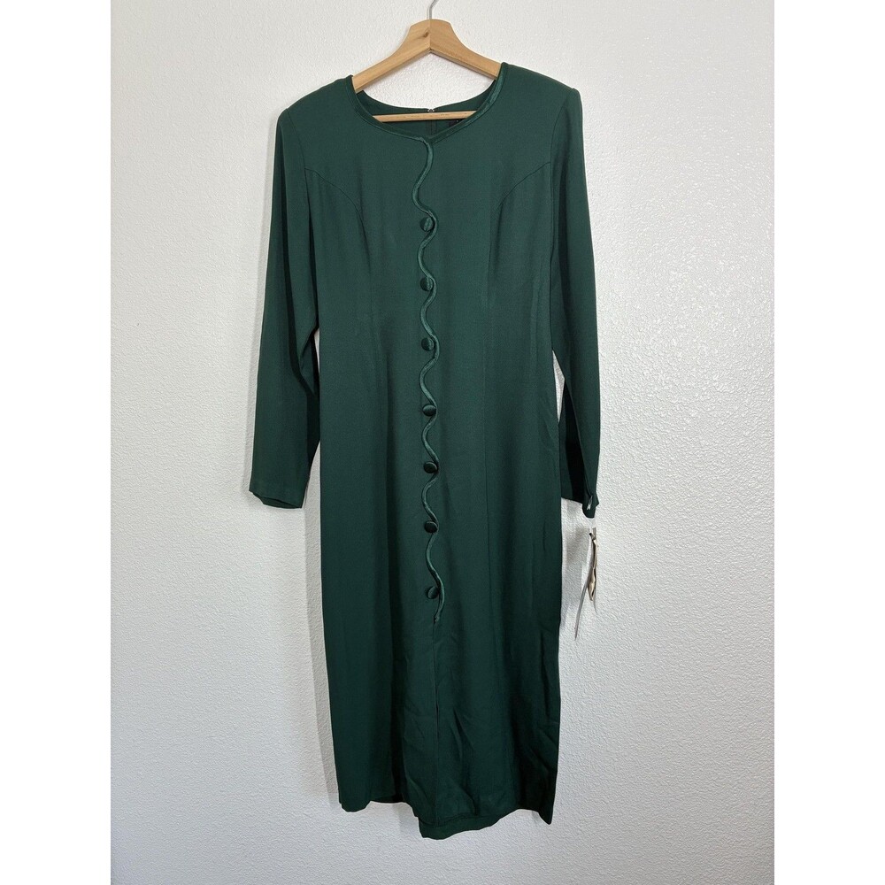 80s Green  Dress INCITE Womens 8 Petite Long Sleeve Sheath Long Belted USA